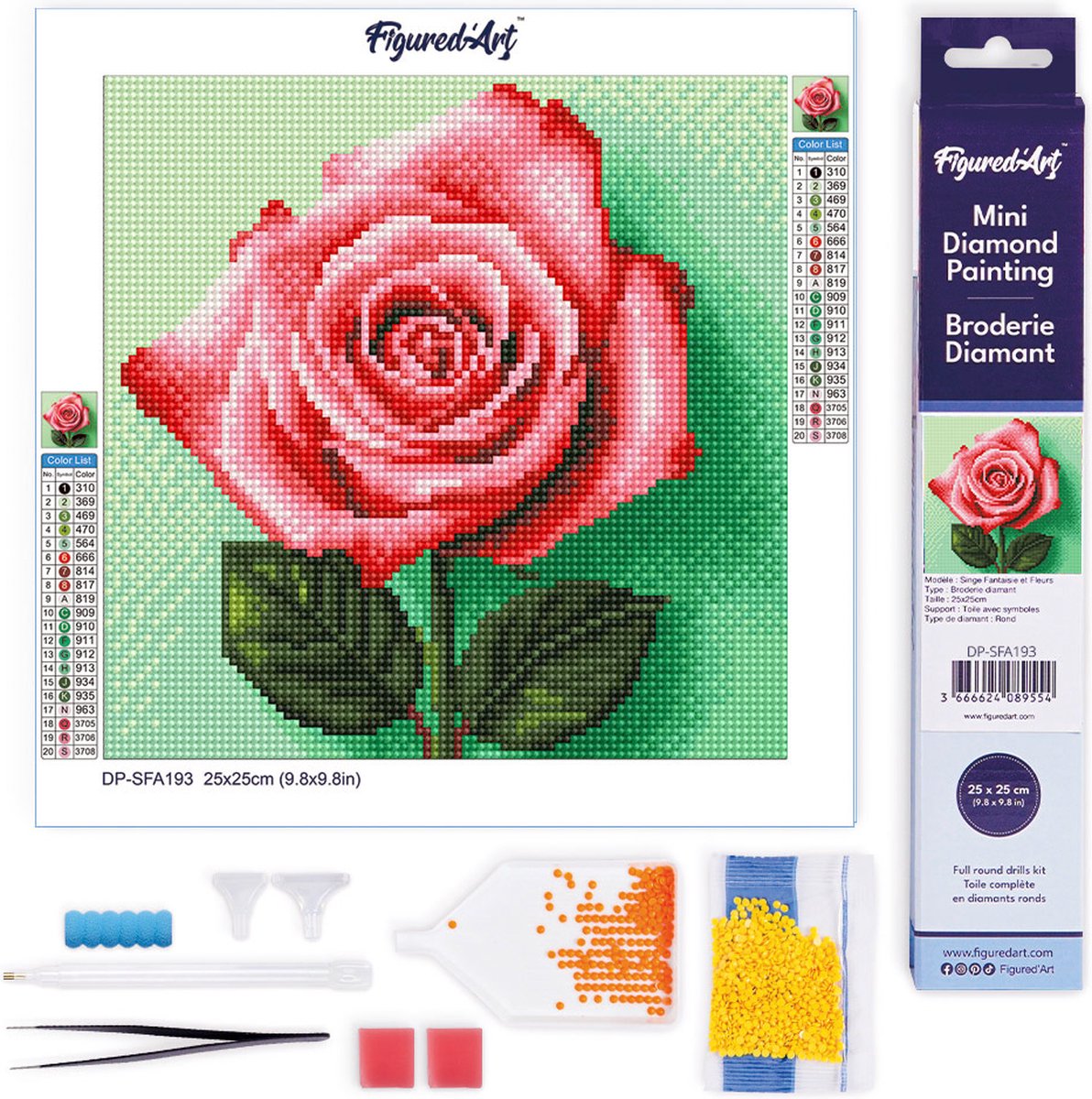 FiguredArt Mini Diamond Painting set Volwassenen 25x25 cm Oogverblindende Roze Roos - 5D DIY Art full drill ronde diamant - Opgerold canvas